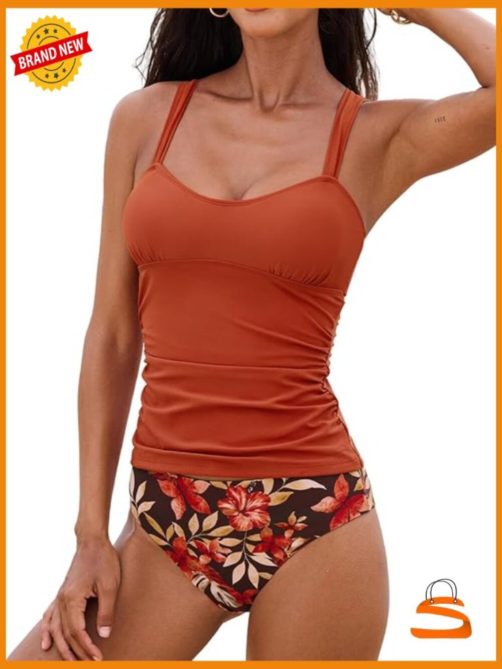 Tankini Set Two Piece Swimsuit Crossback Ruched Tummy Control Mid Rise